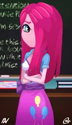 Size: 1461x2512 | Tagged: safe, artist:oatmeal, artist:pixel's workstation, derpibooru import, pinkie pie, equestria girls, balloon, book, chalk, chalkboard, classroom, clothes, crossed arms, detention, hair over one eye, jacket, looking at you, pinkamena diane pie, sad, skirt, solo