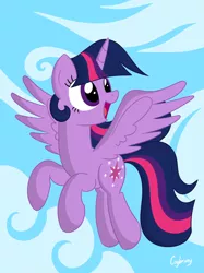 Size: 1936x2592 | Tagged: safe, artist:thebrokencog, derpibooru import, twilight sparkle, twilight sparkle (alicorn), alicorn, pony, cloud, eyelashes, female, flying, g4, image, mare, open mouth, open smile, png, sky, smiling, solo, spread wings, wings