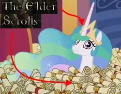 Size: 635x490 | Tagged: safe, derpibooru import, princess celestia, alicorn, pony, 28 pranks later, big ol' pile o' scrolls, female, mare, pun, scroll, the elder scrolls, wide eyes