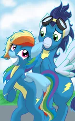 Size: 1200x1920 | Tagged: safe, artist:theroyalprincesses, derpibooru import, rainbow dash, soarin', pegasus, pony, bipedal, clothes, female, flirting, goggles, grin, looking back, male, multicolored hair, shipping, smiling, soarindash, straight, uniform, wonderbolts uniform