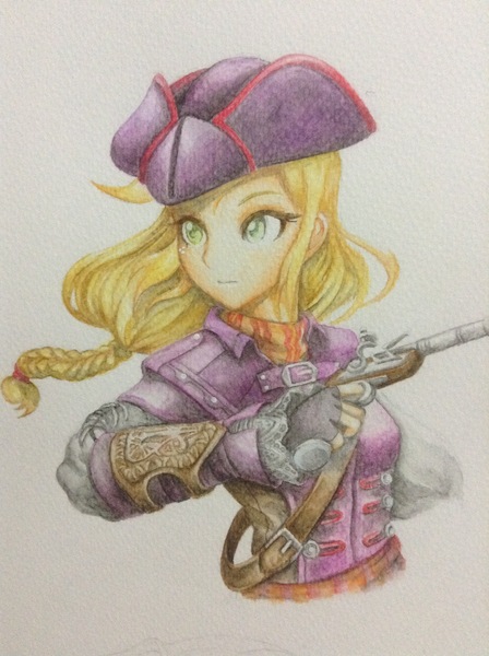 Size: 1936x2592 | Tagged: applejack, artist:kvorias23, assassin's creed, aveline de grandpre, crossover, derpibooru import, gun, handgun, human, humanized, pirate, pistol, safe, simple background, solo, traditional art, weapon