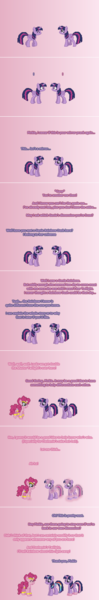 Size: 504x3060 | Tagged: safe, artist:verve, derpibooru import, pinkie pie, twilight sparkle, twilight sparkle (alicorn), alicorn, genie, pony, ain't never had friends like us, armband, ask, comic, exclamation point, gradient background, headband, leg brace, magic, pixel art, self ponidox, transformation, tumblr, veil