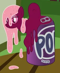 Size: 2198x2636 | Tagged: safe, artist:badumsquish, derpibooru import, oc, ponified, unofficial characters only, food pony, goo, goo pony, original species, pony, soda pony, can, female, food, grape soda (drink), lidded eyes, looking at you, overflowing, smiling, smirk, solo, table