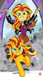 Size: 720x1280 | Tagged: safe, artist:andypriceart, artist:leone di cielo, derpibooru import, sunset shimmer, pony, equestria girls, >:d, cute, evil grin, grin, happy, human ponidox, magic mirror, self ponidox, shimmerbetes, smiling