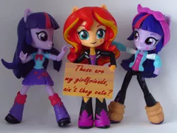 Size: 1200x900 | Tagged: safe, artist:whatthehell!?, derpibooru import, edit, editor:alexlayer, sci-twi, sunset shimmer, twilight sparkle, equestria girls, doll, eqg minis sunset's sign, equestria girls minis, female, irl, lesbian, photo, polyamory, scitwishimmer, self paradox, shipping, sunset twiangle, sunsetsparkle, toy, twolight
