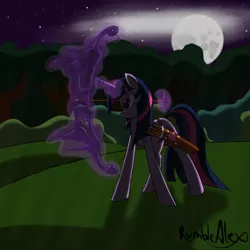 Size: 900x900 | Tagged: archery, arrow, artist:rumblealex, bow and arrow, bow (weapon), dead source, derpibooru import, magic, moon, night, quiver, safe, twilight sparkle, weapon