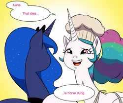 Size: 1345x1123 | Tagged: safe, artist:doublewbrothers, derpibooru import, edit, princess celestia, princess luna, pony, comic:luna land, apron, cheeky, chef's hat, clothes, comic, dialogue, disrespectful, hat, horse dung, speech bubble