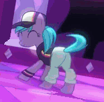 Size: 149x146 | Tagged: safe, derpibooru import, screencap, azure velour, earth pony, pony, the saddle row review, ^^, animated, background pony, butt, butt shake, clothes, cute, dancing, eyes closed, female, flank spin, gif, gif for breezies, hat, mare, pants, picture for breezies, plot, smiling, solo, tail twirl