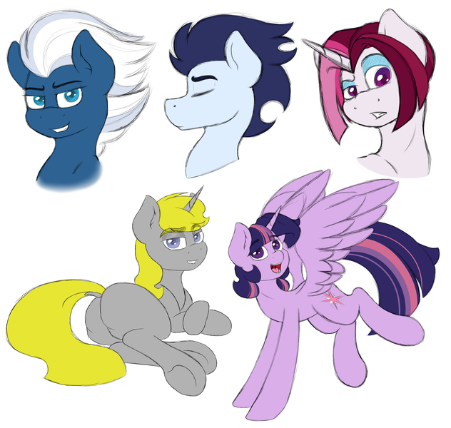 Size: 4000x3800 | Tagged: safe, artist:spirit-dude, derpibooru import, cayenne, night glider, soarin', twilight sparkle, twilight sparkle (alicorn), oc, alicorn, pony, bedroom eyes, bust, butt, eyes closed, female, looking at you, male, mare, plot, prone, simple background, smiling, stallion, underhoof, white background