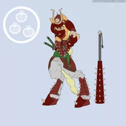 Size: 2000x2000 | Tagged: apple clan, applejack, armor, artist:silverfox057, clan champion, derpibooru import, kanabō, katana, legends of harmony, missing armor, safe, samurai, simple background, solo, spiked armor, sword, tetsubo, weapon