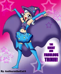 Size: 1000x1200 | Tagged: armpits, artist:anibaruthecat, belly button, cape, clothes, derpibooru import, hat, human, humanized, safe, skirt, solo, trixie, trixie's cape, trixie's hat, vest