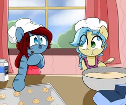 Size: 1280x1067 | Tagged: safe, artist:fullmetalpikmin, derpibooru import, oc, oc:drawing ink, oc:leapingriver, unofficial characters only, pony, zebra, apron, baking, bipedal, chef's hat, clothes, cookie, cookie dough, curtains, flour, food, hat, milk carton, missing, smiling