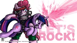 Size: 959x539 | Tagged: safe, artist:kman-studio, derpibooru import, pinkie pie, twilight sparkle, alien, pony, unicorn, alien (franchise), behaving like a weapon, metal, twigun