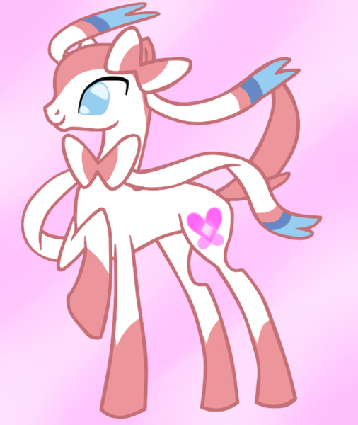 Size: 750x889 | Tagged: safe, artist:sunset-sunrize, derpibooru import, ponified, pony, sylveon, pokémon, raised leg, simple background, solo