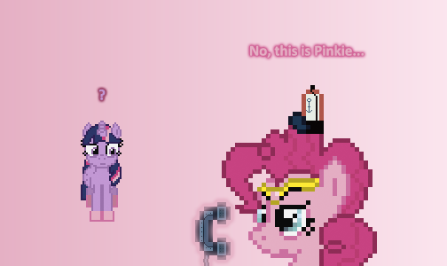 Size: 504x300 | Tagged: safe, artist:verve, derpibooru import, pinkie pie, twilight sparkle, twilight sparkle (alicorn), alicorn, genie, pony, ain't never had friends like us, ask, big pink loser, dialogue, gradient background, hat, headband, krusty krab hat, levitation, magic, patrick star, pixel art, question mark, spongebob squarepants, telekinesis, telephone, tumblr