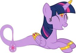 Size: 9081x6400 | Tagged: safe, artist:parclytaxel, derpibooru import, twilight sparkle, twilight sparkle (alicorn), alicorn, genie, genie pony, pony, ain't never had friends like us, ask genie twilight, .svg available, absurd resolution, armband, bottle, eyes closed, female, gem, grin, headband, horn, horn ring, jewelry, mare, prone, relaxing, ring, simple background, smiling, solo, transparent background, vector, wing jewelry