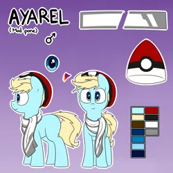 Size: 1280x1280 | Tagged: safe, artist:victoreach, derpibooru import, oc, oc:ayarel, unofficial characters only, earth pony, pony, beanie, blank flank, clothes, gradient background, hat, looking at you, pokéball, pokémon, purple background, reference sheet, scarf, simple background, smiling, solo