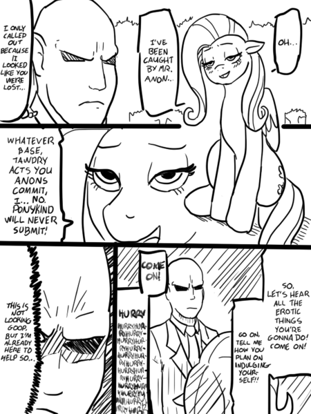 Size: 600x800 | Tagged: a friendly orc's daily life, aren't you going to ravish me?, artist needed, bedroom eyes, black and white, blushing, comic, derpibooru import, fluttershy, grayscale, human, human fetish, monochrome, oc, oc:anon, parody, speech bubble, suggestive, thought bubble, unamused