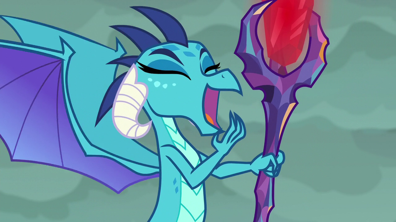 Size: 1280x720 | Tagged: bloodstone scepter, derpibooru import, dragon, dragon lord ember, gauntlet of fire, laughing, noblewoman's laugh, princess ember, safe, screencap, smug, solo