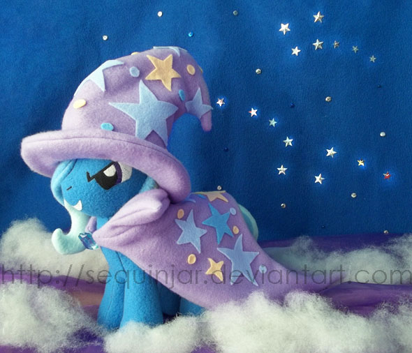 Size: 590x506 | Tagged: safe, artist:sequinjar, derpibooru import, trixie, pony, cape, clothes, hat, irl, photo, plushie, solo, trixie's cape, trixie's hat