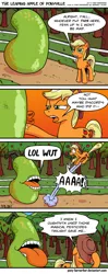 Size: 870x2200 | Tagged: safe, artist:pony-berserker, derpibooru import, applejack, earth pony, pony, accent, biting pear of salamanca, comic, cowboy hat, dialogue, female, food, hat, i can't believe it's not idw, lol, lolwut, looking at you, mare, monster, open mouth, pear, scared, stetson, surprised, sweet apple acres, tongue out, unamused, y'all
