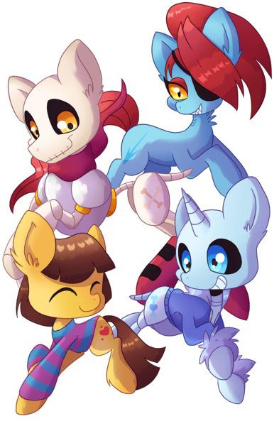 Size: 1205x1841 | Tagged: safe, artist:blazemizu, derpibooru import, ponified, pony, crossover, frisk, papyrus (undertale), sans (undertale), simple background, transparent background, undertale, undyne