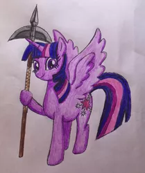 Size: 1875x2244 | Tagged: safe, artist:bozzerkazooers, derpibooru import, twilight sparkle, twilight sparkle (alicorn), alicorn, pony, solo, traditional art, weapon