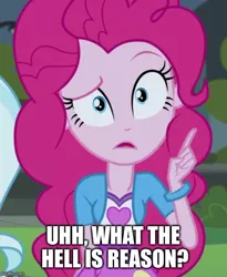 Size: 500x609 | Tagged: safe, derpibooru import, edit, edited screencap, screencap, pinkie pie, equestria girls, legend of everfree, caption, image macro, meme, pinkie's questions meme, text