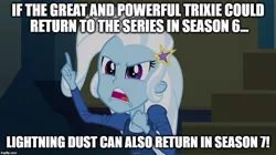 Size: 896x500 | Tagged: safe, derpibooru import, edit, edited screencap, screencap, lightning dust, trixie, equestria girls, rainbow rocks, caption, image macro, meme, text, trixie yells at everything, trixie's eqg demands