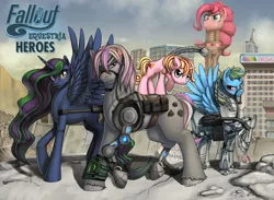 Size: 4500x3300 | Tagged: safe, artist:pinkuh, derpibooru import, oc, oc:flare, oc:hired gun, oc:platinum haze, oc:serenity (fallout equestria: heroes), unofficial characters only, alicorn, cyborg, earth pony, pegasus, pony, unicorn, fallout equestria, fallout equestria: heroes, absurd resolution, alicorn oc, amputee, armor, bag, battle saddle, clothes, enclave armor, eyepatch, fanfic art, group shot, horn, pipbuck, power armor, prosthetic limb, prosthetics, saddle bag, wings
