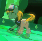 Size: 149x146 | Tagged: safe, color edit, derpibooru import, edit, edited screencap, editor:watermelon changeling, screencap, azure velour, earth pony, pony, the saddle row review, ^^, animated, background pony, butt, butt shake, clothes, color cycling, colored, cute, dancing, eyes closed, female, flank spin, gif, gif for breezies, hat, hue, mare, pants, party hard, picture for breezies, plot, smiling, solo, tail twirl, wat