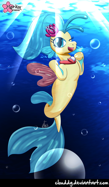 Size: 585x1000 | Tagged: artist:clouddg, bubble, derpibooru import, looking at you, my little pony: the movie, one eye closed, open mouth, princess skystar, safe, seapony (g4), smiling, solo, underwater, wink