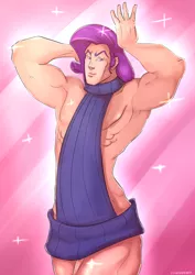 Size: 1360x1920 | Tagged: armpits, artist:kanashiipanda, backless, clothes, crossdressing, derpibooru import, elusive, friendship is manly, human, humanized, jojo's bizarre adventure, jojo's bizarre adventure: eyes of heaven, looking at you, male, manly, muscles, open-back sweater, rarity, rule 63, sleeveless, sleeveless sweater, solo, solo male, suggestive, sweater, virgin killer sweater