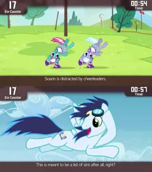 Size: 640x720 | Tagged: safe, derpibooru import, edit, edited screencap, screencap, lilac sky, soarin', spring step, sunlight spring, pony, cinemare sins, rainbow falls, caption, clothes, sin, skirt