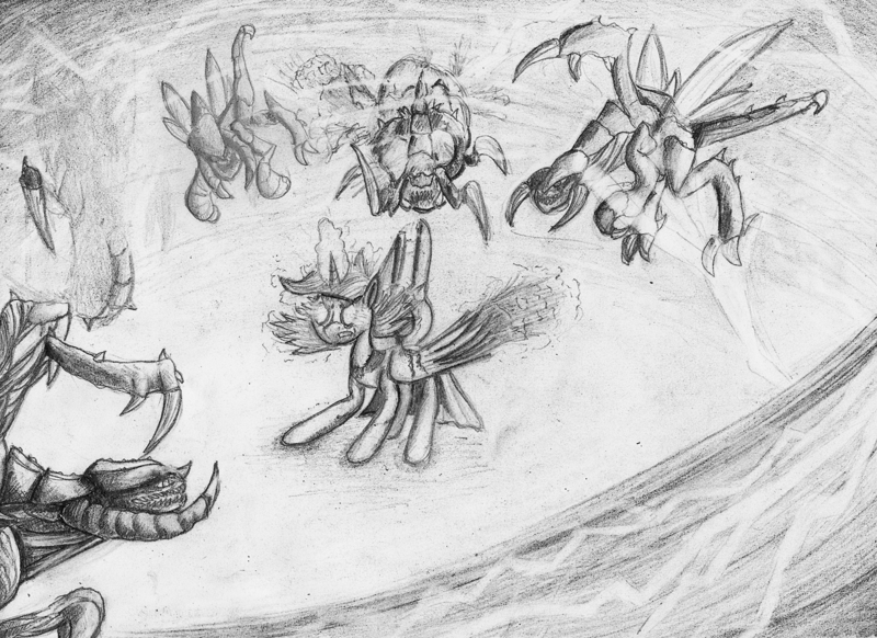 Size: 1742x1267 | Tagged: safe, derpibooru import, twilight sparkle, twilight sparkle (alicorn), alicorn, pony, zerg, crossover, fight, magic, monochrome, psionics, starcraft, starcraft 2, traditional art