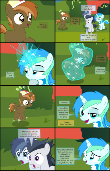 Size: 4501x7000 | Tagged: safe, artist:cyanlightning, derpibooru import, button mash, rumble, shady daze, oc, oc:cyan lightning, alicorn, earth pony, pegasus, pony, comic:cyan's adventure, .svg available, absurd resolution, alicornified, buttoncorn, clothes, colt, comic, fourth wall, hat, looking at you, magic, male, race swap, scarf, transformation, vector
