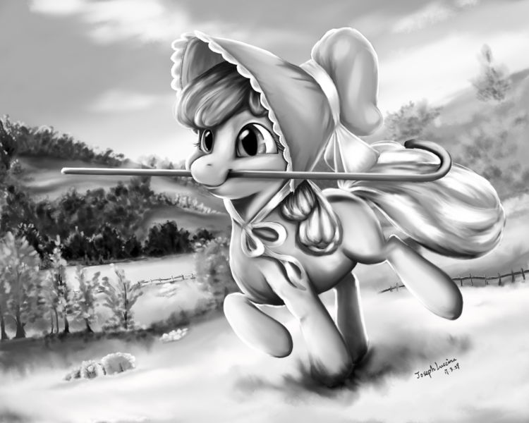 Size: 1500x1200 | Tagged: safe, artist:rossignolet, derpibooru import, apple bloom, earth pony, pony, sheep, clothes, female, filly, monochrome, mouth hold, scenery, shepherd, shepherd's crook, signature, solo, walking