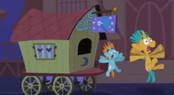 Size: 813x446 | Tagged: safe, derpibooru import, screencap, snails, snips, pony, unicorn, boast busters, colt, freakout, male, shocked, trixie's wagon