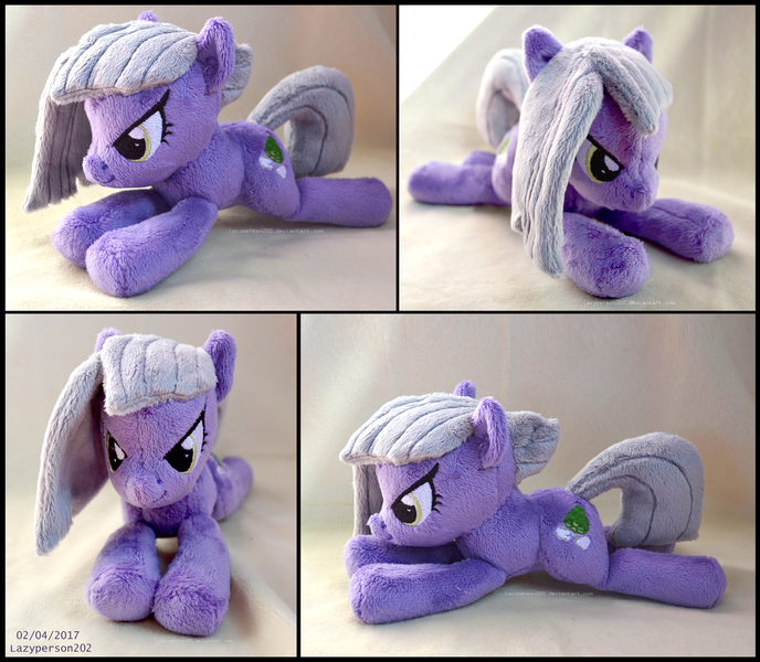 Size: 2864x2496 | Tagged: safe, artist:sewyouplushiethings, derpibooru import, limestone pie, earth pony, pony, beanie (plushie), female, fluffy, frown, glare, grumpy, high res, irl, mare, photo, plushie, prone, smiling, smirk, solo