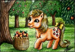 Size: 1067x747 | Tagged: safe, artist:lolliangel123, derpibooru import, applejack (g1), apple, apple tree, basket, food, g1, solo, traditional art, tree