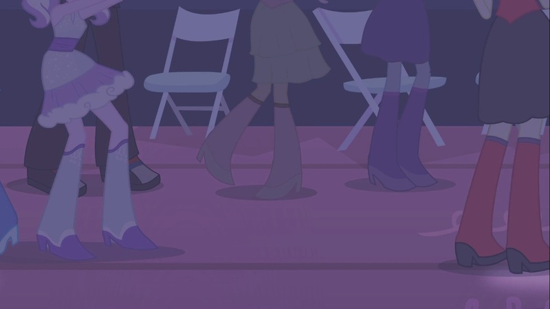 Size: 1100x618 | Tagged: safe, derpibooru import, screencap, diamond tiara, mystery mint, scribble dee, sophisticata, teddy t. touchdown, equestria girls, equestria girls (movie), boots, chair, clothes, confetti, fall formal, fall formal outfits, high heel boots, legs, raised leg, rear view, shoes, sneakers, this is our big night