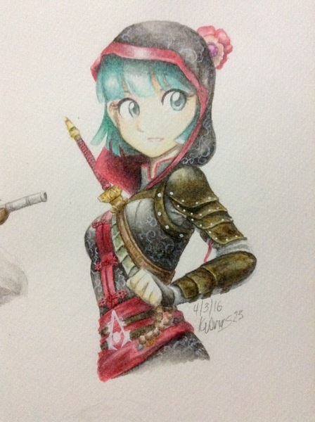 Size: 1936x2592 | Tagged: artist:kvorias23, assassin's creed, clothes, coco pommel, crossover, derpibooru import, hoodie, human, humanized, safe, shao jun, signature, simple background, solo, traditional art, weapon