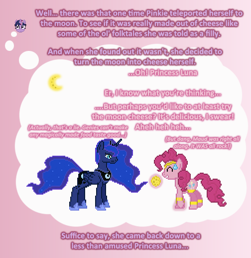 Size: 504x517 | Tagged: safe, artist:verve, derpibooru import, pinkie pie, princess luna, twilight sparkle, twilight sparkle (alicorn), alicorn, genie, pony, ain't never had friends like us, armband, ask, cheese, crescent moon, edible heavenly object, food, gradient background, headband, leg brace, levitation, magic, moon, pixel art, sweat, sweatdrop, telekinesis, thought bubble, transformation, tumblr, veil