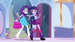 Size: 1920x1080 | Tagged: safe, artist:assassins-creed1999, derpibooru import, screencap, rarity, spike, twilight sparkle, dog, equestria girls, equestria girls (movie), bedroom eyes, boots, bowtie, bracelet, carousel boutique, changing room, clothes, fall formal outfits, heart, high heel boots, jewelry, leg warmers, mirror, raised leg, shoes, skirt, spike the dog, stairs, this is our big night, twilight ball dress