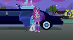 Size: 1100x618 | Tagged: safe, derpibooru import, screencap, pinkie pie, rainbow dash, rarity, equestria girls, equestria girls (movie), balloon, boots, bracelet, fall formal outfits, hat, high heel boots, jewelry, limousine, mountain, shoes, statue, top hat, tree