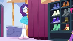 Size: 1100x618 | Tagged: safe, derpibooru import, screencap, pinkie pie, rarity, equestria girls, equestria girls (movie), boots, bracelet, carousel boutique, cute, eyes closed, fall formal outfits, heart, high heel boots, jewelry, raribetes, shoes, this is our big night