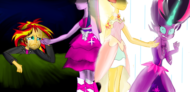 Size: 1364x664 | Tagged: safe, artist:penguin04, derpibooru import, sci-twi, sunset shimmer, twilight sparkle, equestria girls, equestria girls (movie), friendship games, clothes, crying, daydream shimmer, dress, fall formal outfits, full circle, midnight sparkle, scene interpretation, side by side, twolight