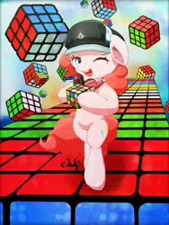 Size: 1536x2048 | Tagged: safe, artist:jawlo, derpibooru import, pinkie pie, pony, bipedal, cap, hat, headphones, one eye closed, rubik's cube, solo