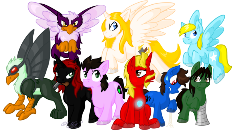 Size: 1024x576 | Tagged: safe, artist:usagi-zakura, derpibooru import, ponified, alicorn, earth pony, gryphon, pegasus, pony, unicorn, black widow (marvel), bruce banner, bucky barnes, captain america, clint barton, crossover, falcon (marvel comics), hawkeye, iron man, natasha romanov, peter parker, sam wilson, simple background, spider-man, steve rogers, the avenger, the incredible hulk, thor, tony stark, transparent background, winter soldier