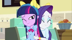 Size: 1100x618 | Tagged: safe, derpibooru import, screencap, rarity, twilight sparkle, equestria girls, equestria girls (movie), bowtie, bracelet, duo, eyes closed, jewelry, one eye closed, out of context, pony ears, school spirit
